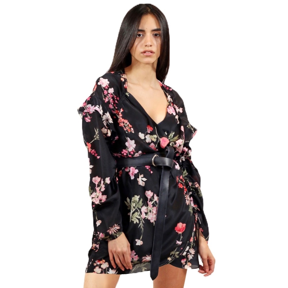 Natural silk Floral flowy wrap  dress with ruffles